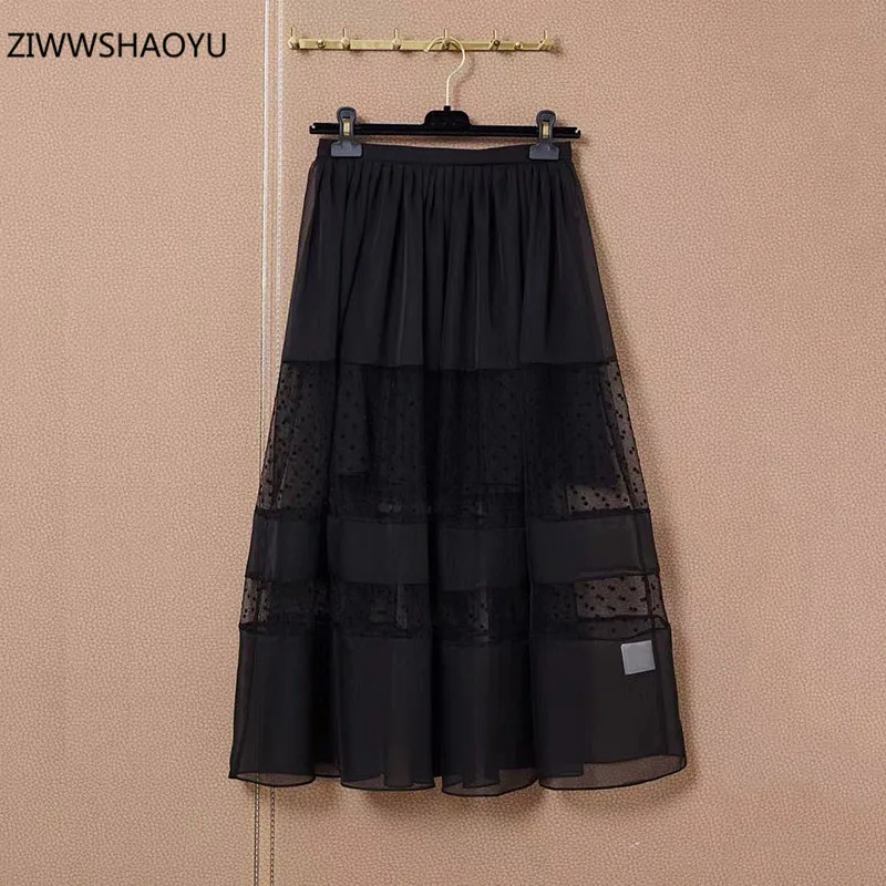

ZIWWSHAOYU Summer Fashion Women Black Ankle-Length Skirts High Waist Solid Dots Net Yarn Embroidery Female Long Half Skirt