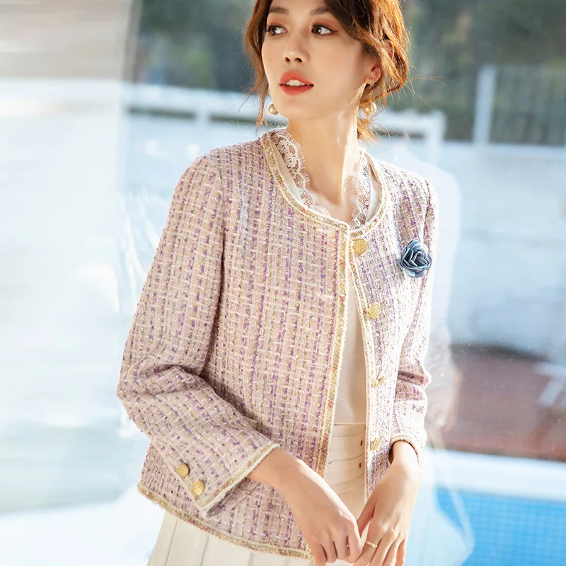 

spring new coat female bright silk woven pink temperament celebrity leisure round neck short coat female