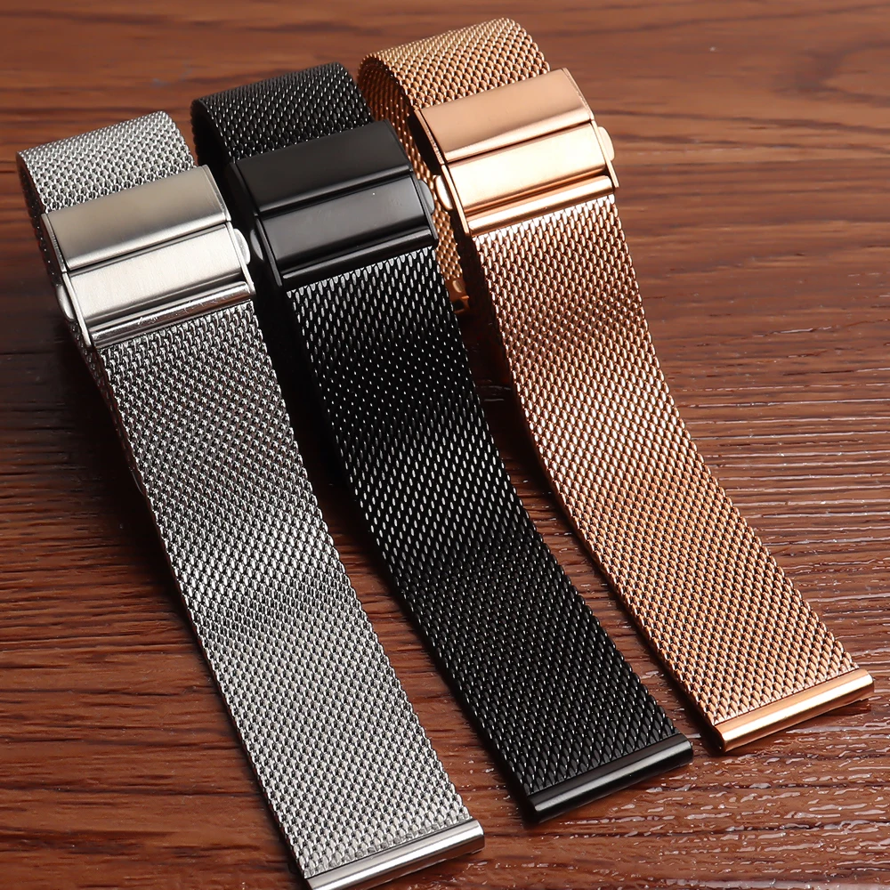 Mesh Milanese Loop Watchbands 16mm 18mm 20mm 22mm Silver Black Bracelet Wrist Watch Band Strap Deployment clasp