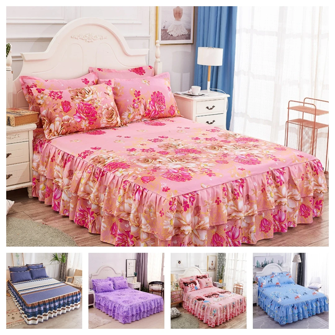 

2020 Princess Bedding Solid Ruffled Bed Skirt Pillowcases Lace Bed Sheets Mattress Cover King Queen Full Twin Size Bed Cover
