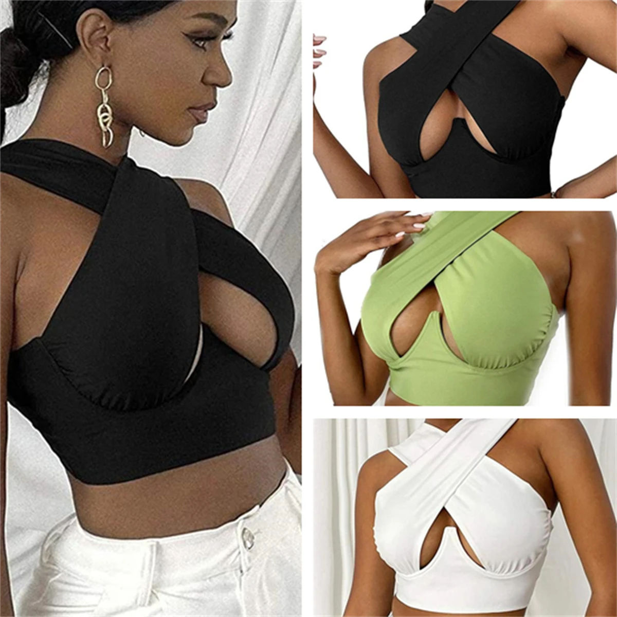 

Lady Strappy Cross Over Front Cut Out Halter Neck Backless Wrap Crop Top Bandage