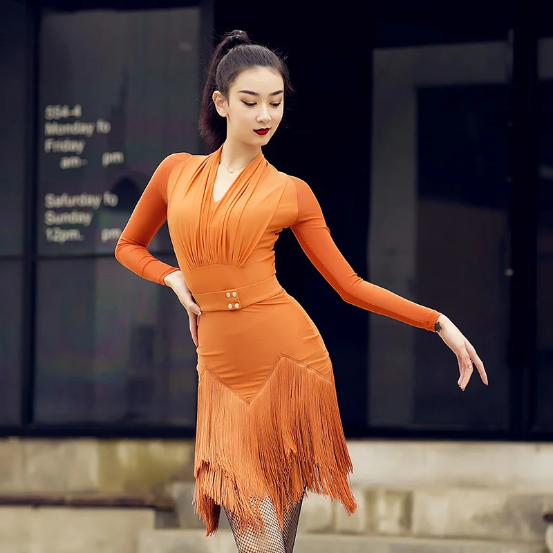 

Женское платье для латиноамериканских танцев, платье с длинным рукавом и V-образным вырезом, платье для выступлений и соревнований, Осень-зи...