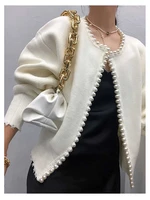 inspired pearl embellished edge cardigan women pearl buttons black white edge distressed beaded buckle long sleeve cardigan