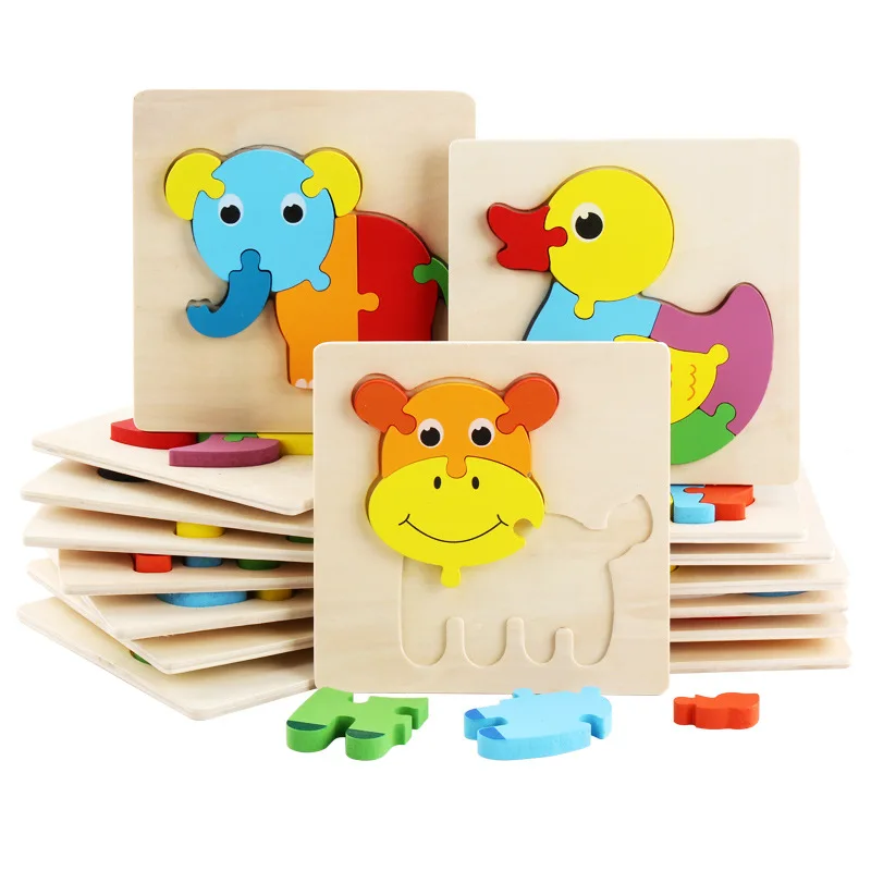 Educational Wooden 3D Cartoon Animal Puzzle Model Toys Baby Early Education Small Game Fancy Toy Color Frog Fish Elephant | Игрушки и