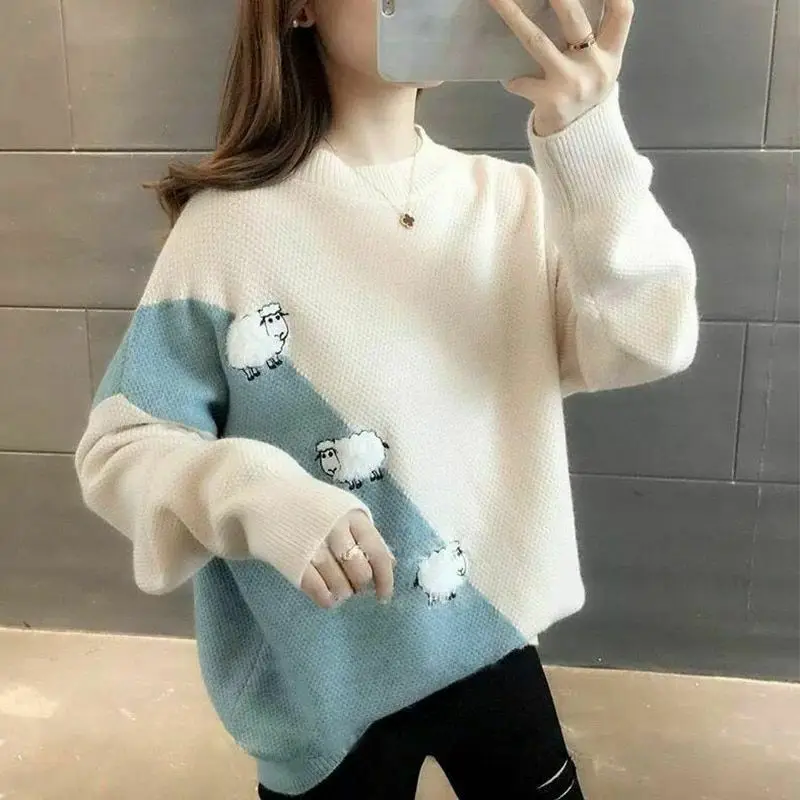 

С рисунком милой овечкой; Свитер с рисунком в виде зимняя Осенняя вязаная свитеры Kawaii дизайн овечка пуловер Джемпер Топы в уличном стиле