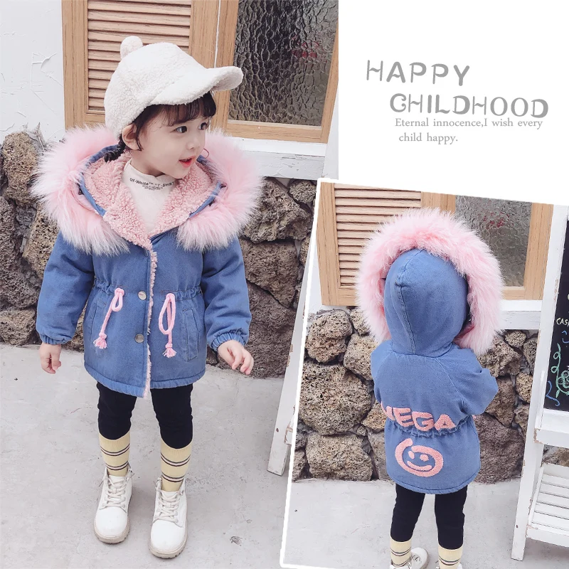 

INS hot Baby girls' winter jacket denim thick plush parka 1-5 years Flocking letters smiley cute baby girl winter jacket