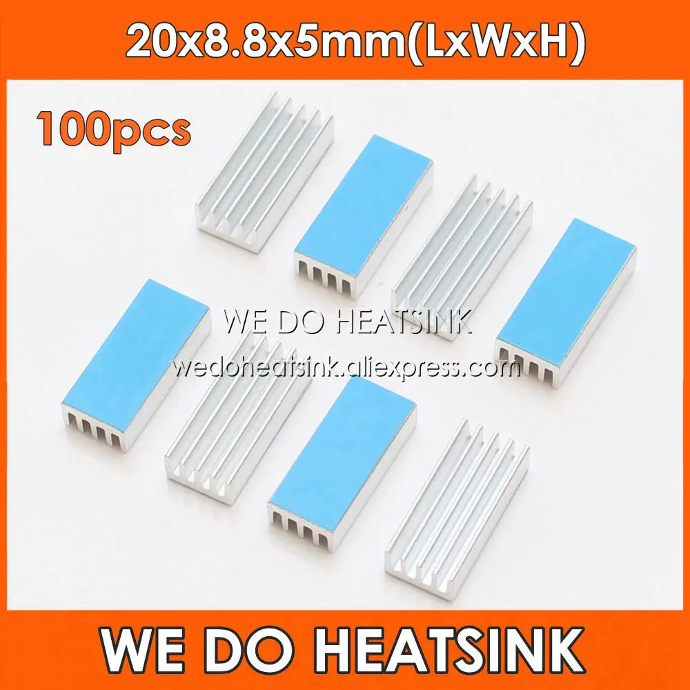 

WE DO HEATSINK 100pcs 20x8.8x5mm Aluminum Heatsink Ram Radiator Cooloer With Thermally Conductive Adhesive Transfer Tape Applied
