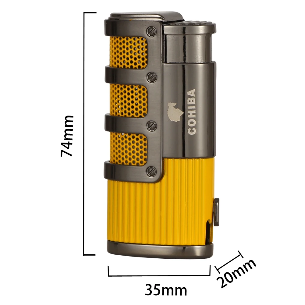Зажигалка COHIBA металлическая карманная Бутановая Зажигалка для Сигар Зажигалка газовая ветрозащитная 3 струйная модная Зажигалка для Аксессуары для сигар W/Подарочная коробка