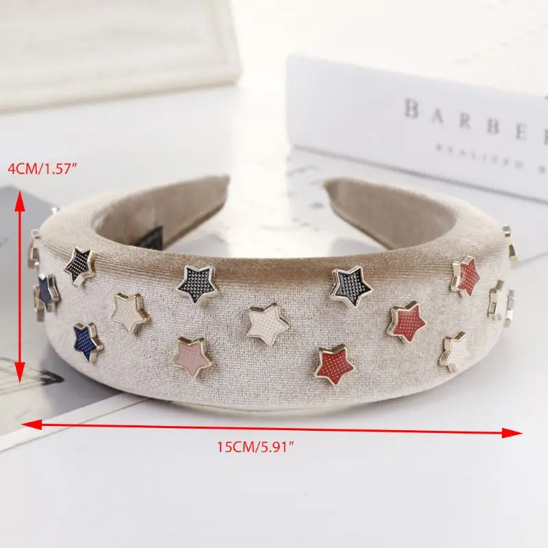 Women Retro Thick Sponge Padded Headband Metal Pentagram Star Rivet Embellished Wide Hair Hoop Velvet Wrapped Styling Headwear |