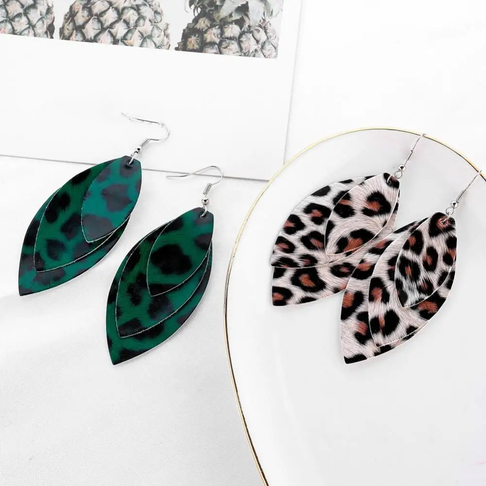 

Women Leopard Triple Layer Leaf Shape Faux Leather Long Dangle Hook Earrings