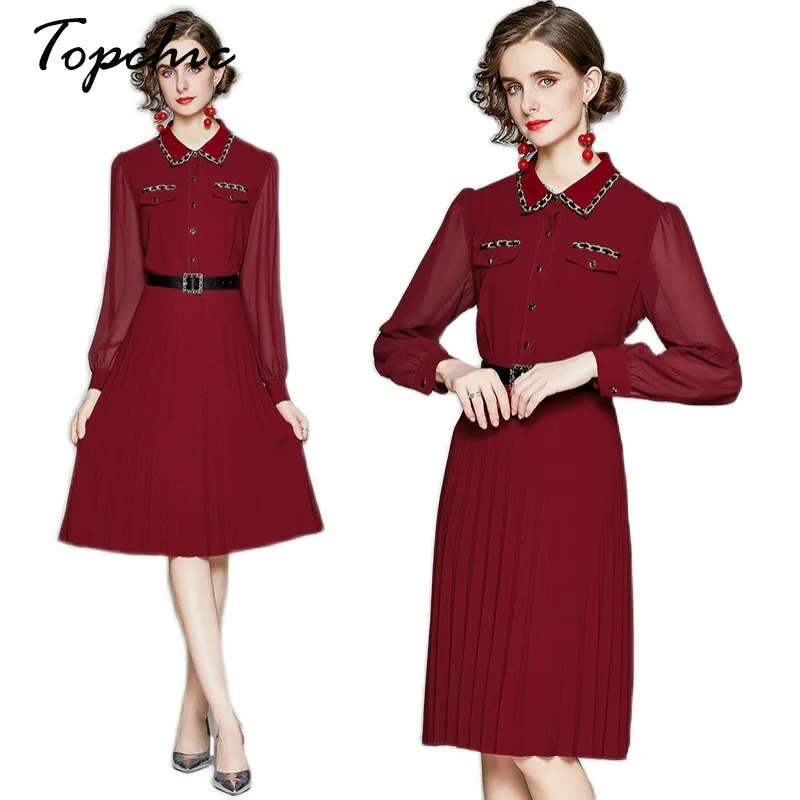 

Vintage Wine Red Pleated Chiffon Dresses For Women 2021 Spring Autumn Elegant Pockets Long Sleeve Midi Woman Dress