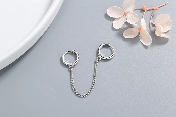 ANENJERY 1PC New 925 Sterling Silver Double Ear Hole Chain Hoop Earring For Women Minimalist Jewelry Dropshipping S-E971