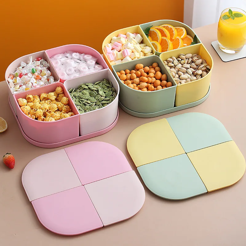 

4-Compartment Fruit Dish Dry Fruit Tray Snack Dish Food Plates Set Candy Pastry Nuts Dish Home Platter Plastic Storage Container