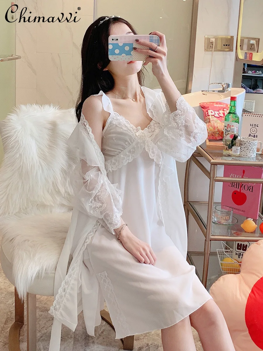 

Sexy Nightdress for Women 2021 New Spring/Summer High-End Elegant Chiffon Sling Nightgown 2-Piece Set Lace Stitching Sleepwear
