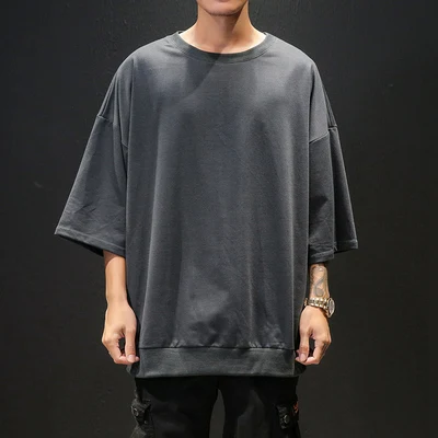 Dark grey Хлопковые мужские футболки, мужские футболки с рукавом три четверти и круглым вырезом, одноцветные футболки, мужские свободные классические базовые футболки, повседневные мужские Топы И Футболки - Цвет: Dark grey