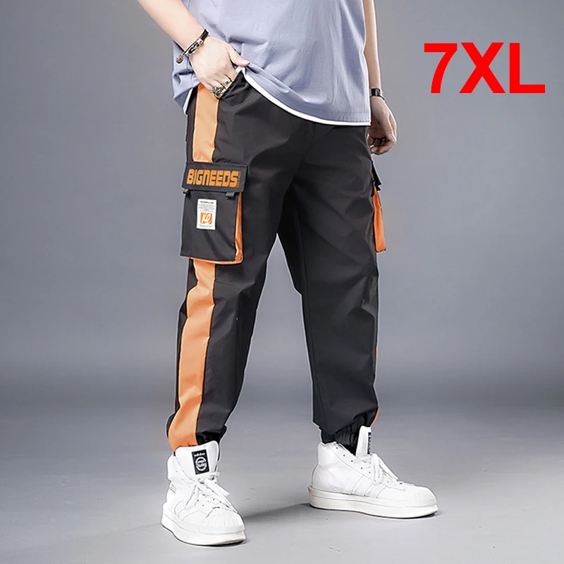 

Streetwear Cargo Pants Men Fashion Orange Side Patchwork Pant Baggy Joggers 7XL Plus Size Sweatpants Fashion Trousers Male