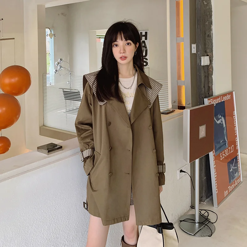 

In Stock! Color Contrast Patchwork Small Short Trench Coat Female