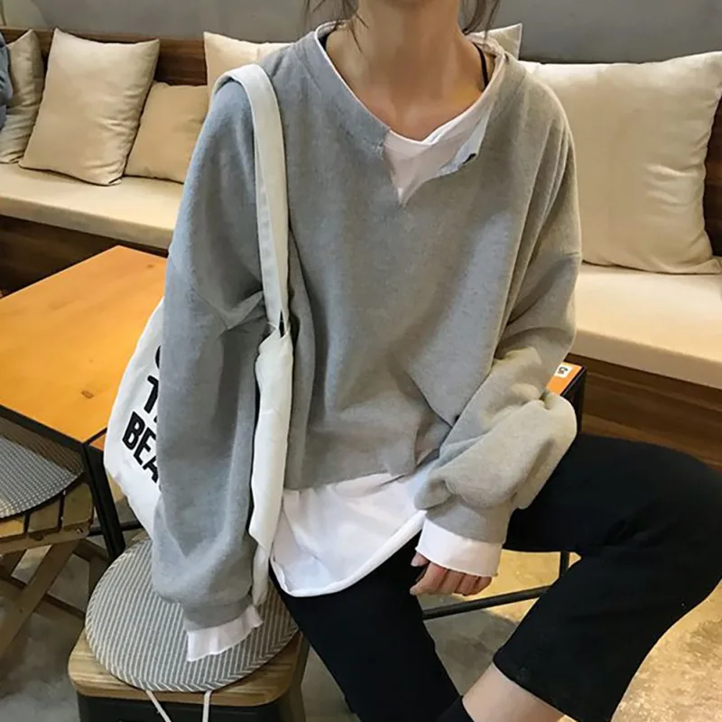 

Hoody Pullover Women's Clothes Sweatshirt Fake Stitching Loose Long Sleeve Casual Solid Color Tops Abbigliamento Donna*