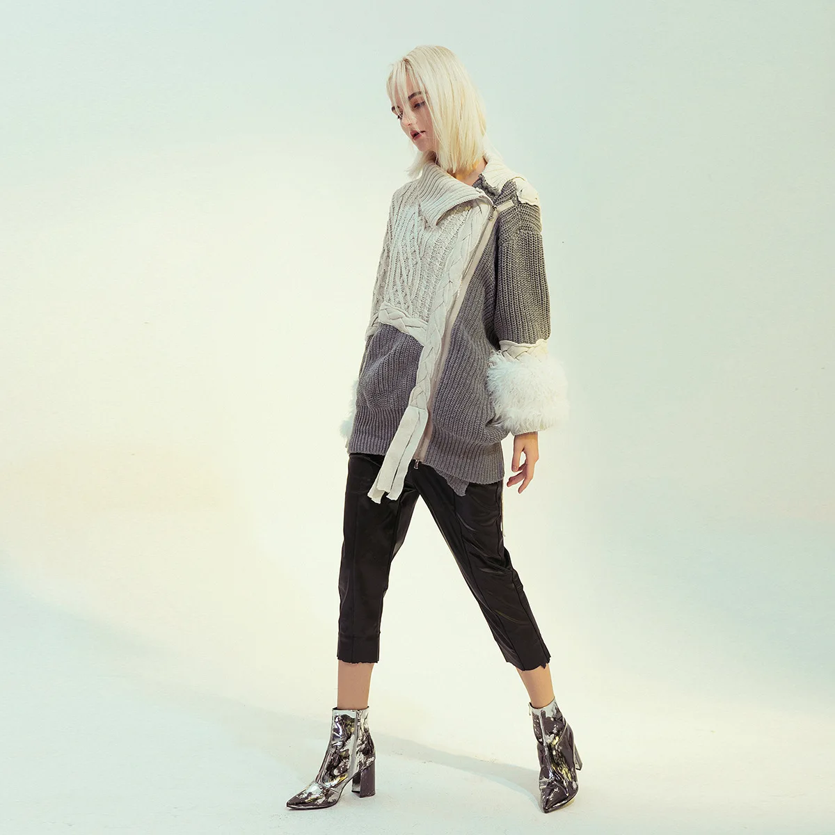 New Woven Linen Flower Color Slim Sweaters Irregular Furry Cuff Loose Zip Off-Shoulder Pullover Sweater Long Sleeve Minimalism