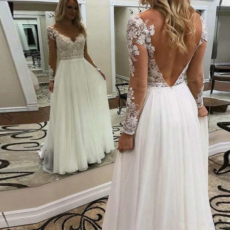 

Vintage Boho Beach Wedding Dresses Long Sleeve 2020New Sexy Appliques V Neck Wedding Gowns A Line Chiffon Backless Bridal Dress