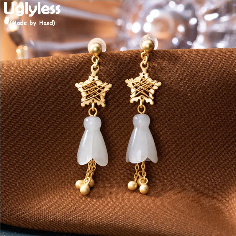

Uglyless Twinkle Little Stars Earrings Women Gold Plated 925 Sterling Silver Floral Earrings Tassel Brincos Jade Flowers E1387
