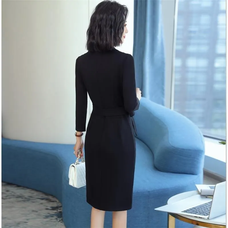 Черное женское платье с длинным рукавом Новинка весна-осень 2021 профессиональное