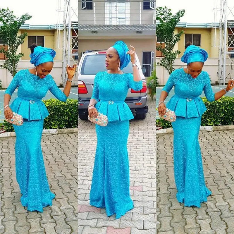 

Gorgeous Sky Blue Mermaid Evening Dress Long Nigeria African Style Robe de soiree Half Sleeve Abendkleider 2019 Prom Party Dress