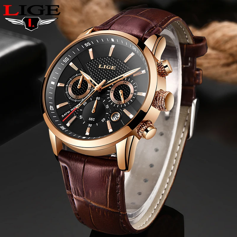 Mens Watches LIGE Fashion Waterproof Chronograph Top Brand Luxury Quartz Watch Men Casual Leather Sport Relogio Masculino | Наручные часы