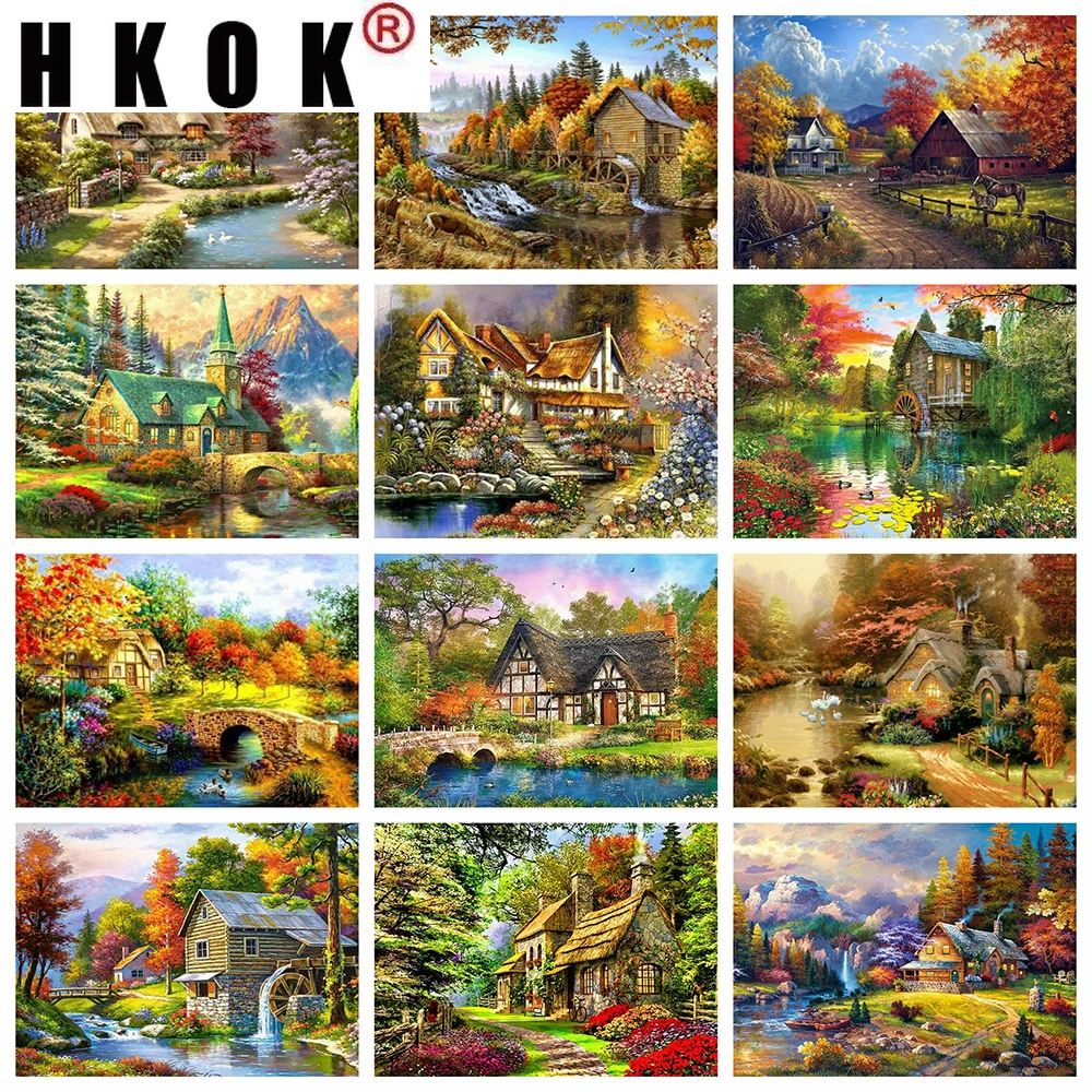 

HKOK 5D DIY Diamond Painting Landscape Cross Stitch House Embroidery Sale Needlework Mosaic Rhinestones Pictures Home Decor