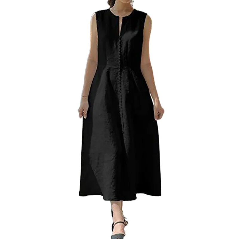 

2021 Women's Sleeveless Loose Solid Color V-neck Long Dress Vestido De Mujer