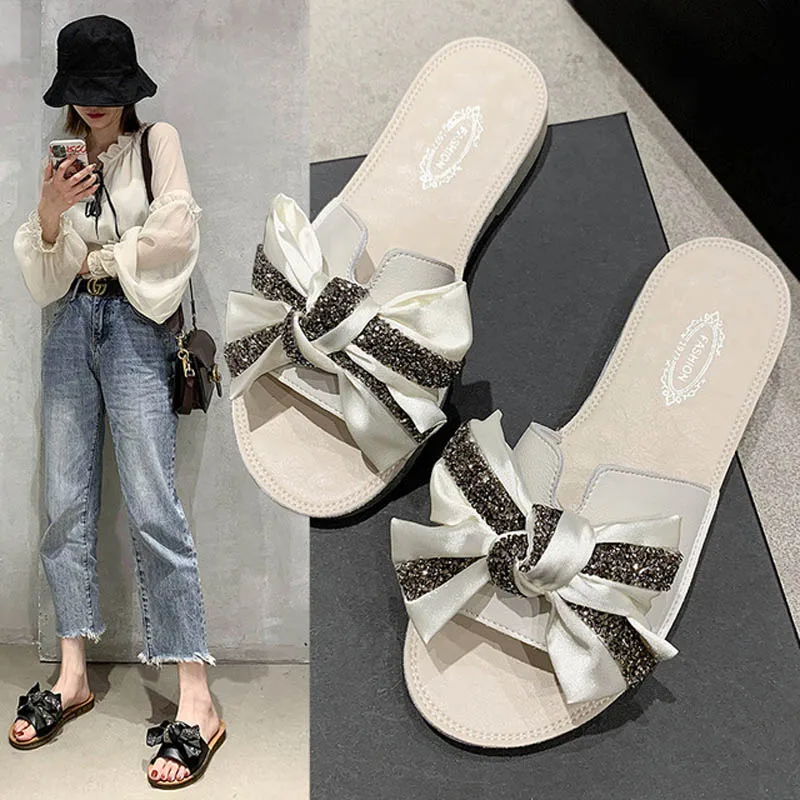 

Fashion Butterfly-knot Rhinestone Women's Slides Summer Outdoor Shining Sandals Female Casual Leather Slippers Size 35-40