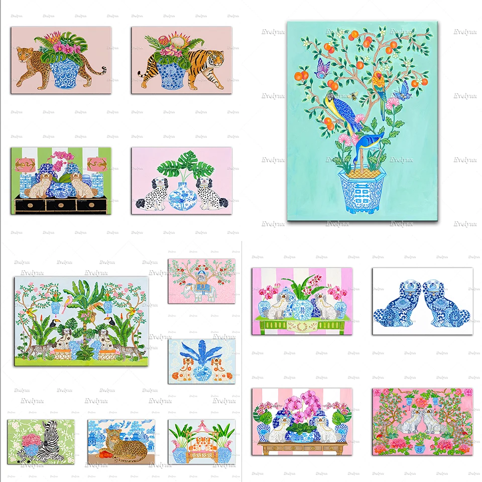 

Staffordshire Dogs Porcelain Posters Chinoiserie With Orchids Leopard Tiger Ginger Jars Zebra Home Decor Canvas Wall Art Prints