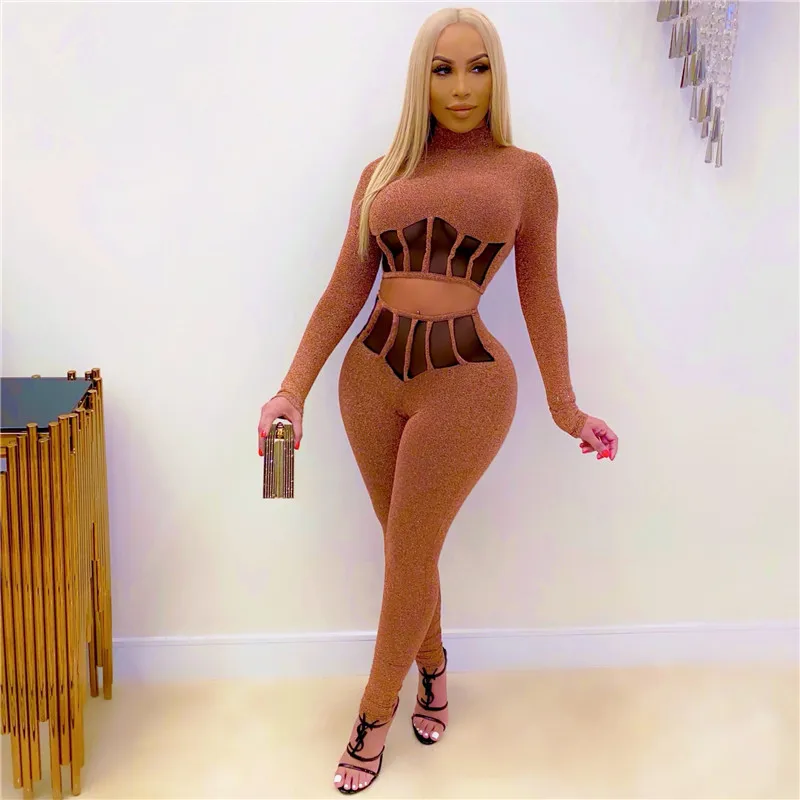 

Женский сетчатый комплект из двух предметов, укороченный топ с длинным рукавом и штаны в несколько рядов, осенний спортивный костюм, 2021