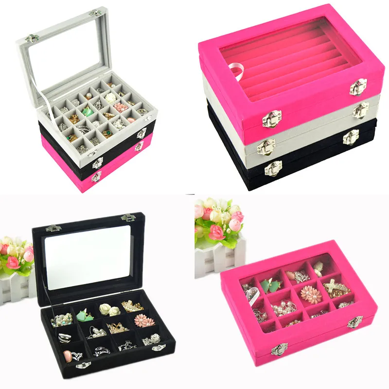 Бархатная шкатулка для хранения ювелирных изделий с визуальным окном лоток