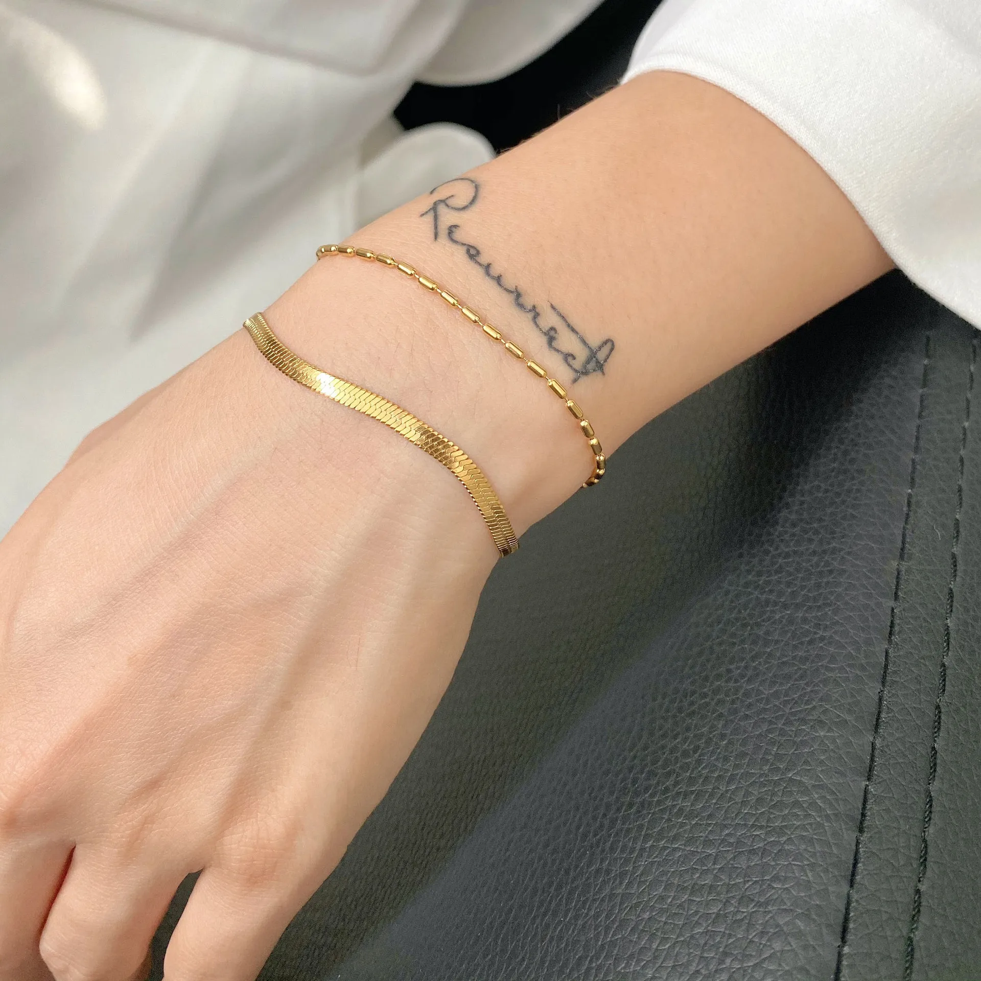 

Double Multilayer Stackable Flat Snake Chain Bracelet 18K Gold Plated 316L Stainless Steel Cylindrical Bead Bracelet for Women