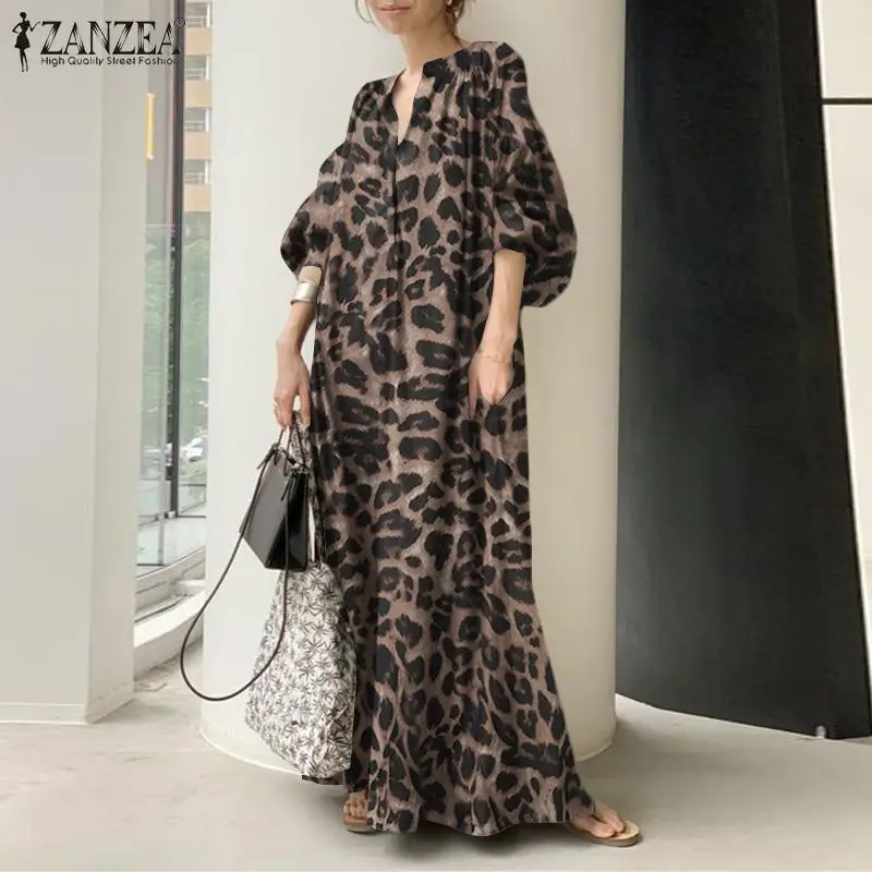 2021 ZANZEA Fashion Autumn Puff Sleeve Long Maxi Dress Stylish Women Leopard Printed Sundress Casual V Neck Robe Femme Vestidos