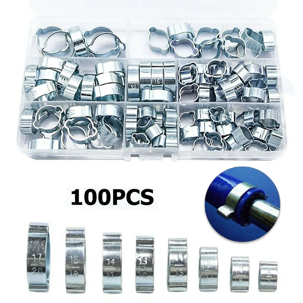 

100Pcs/set Double Ear Hose Clamp Fit For Car Fuel Pipe Parts Replacement Zinc Plated