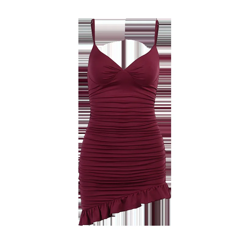 

Sexy V Neck Ruffle Black Wrap Women Dress Irregular Silk Pleated Elastic Elegant Dresses Spring Bodycon Striped Dresses Vestidos