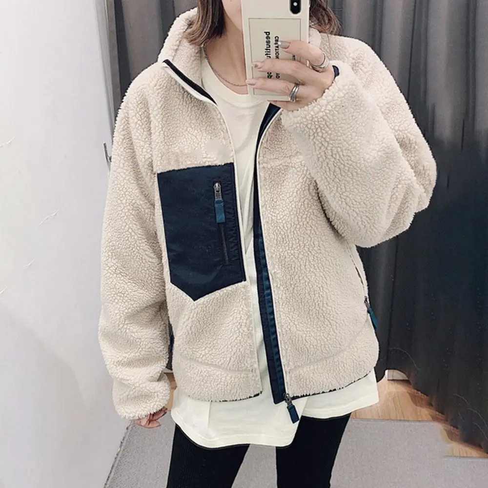 

Winter Teddy Fleece Jacket Faux Fur Harajuku Zipper Cardigan Lady Patch Pockets Loose Warm Sherpa Coat