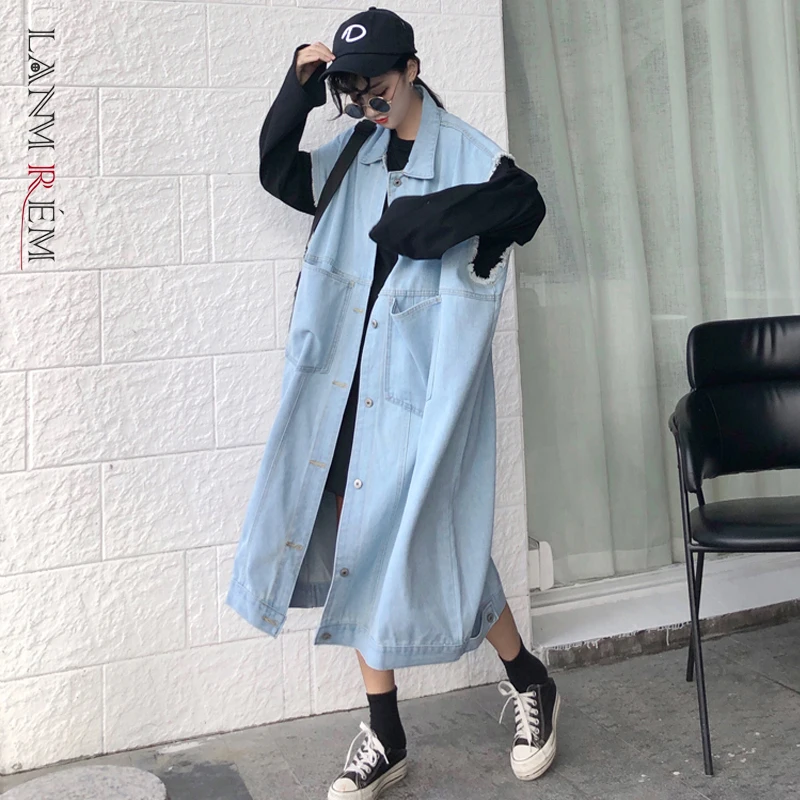 LANMREM 2021 винтажное уличное джинсовое длинное пальто без рукавов famale Harajuku жилет с