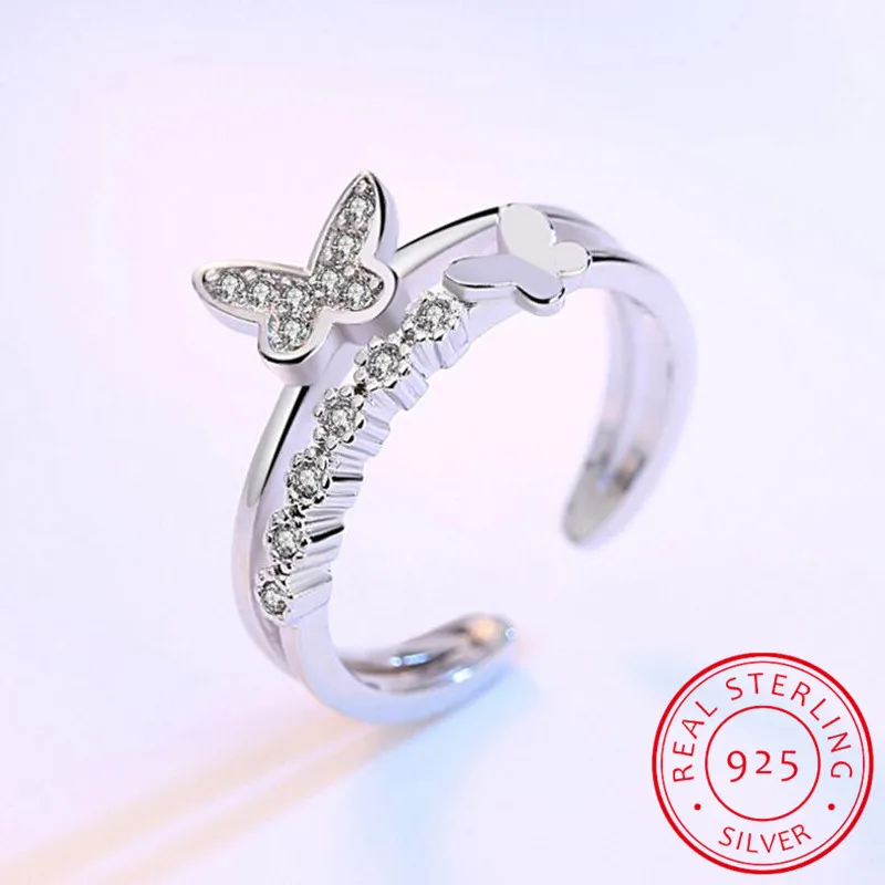 

Real Pure 925 Sterling Silver Butterfly Wedding Rings for Women Adjustable Size Ring Fashion Sterling Silver Jewelry