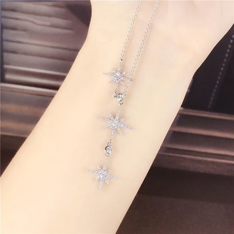 

QTT Luxury 925 Sterling Silver Jewelry Long Chain Necklace Clavicle Choker Necklace Fashion Star Accessories Jewelry 2021