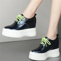 10cm high heel pumps shoes women lace up genuine leather wedges punk ankle boots female round toe fashion sneakers casual shoes