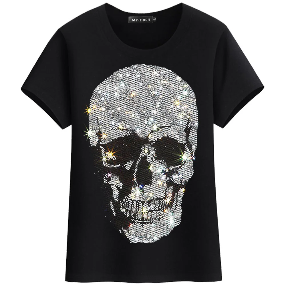 

Casual Skulls T-shirt Women 2021 Summer Short Sleeve Tops Lady Fashion Streetwear Slim Cotton Tshirts Rhinestone Plus Size S-5XL