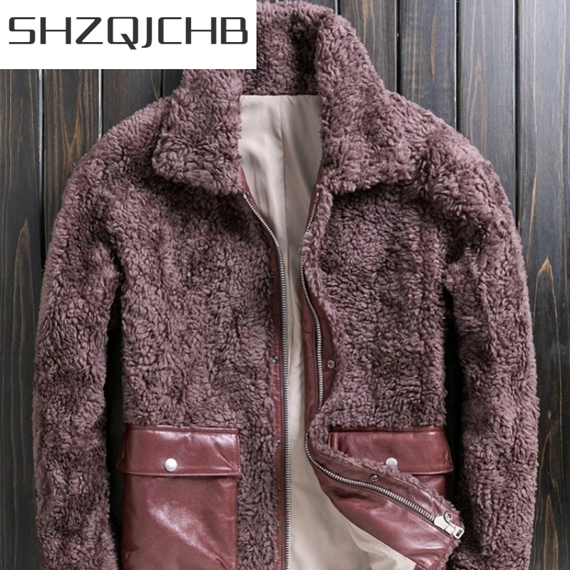 

JCHB 2021 Men Winter Warm Wool Coat Pockets Spliced Short Shearling Jacket Designer Slim Casual Cashmere Outerwear Streetwear Pl