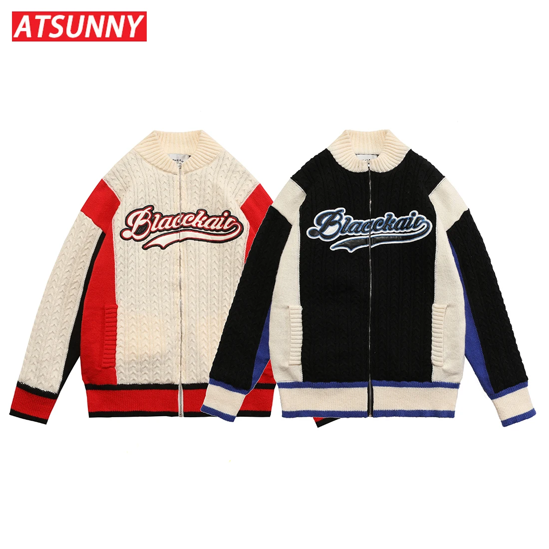 ATSUNNY American Streetwear Retro Sweater Stitch Color Campus Style Quilted Jacket Harajuku Style Man Autumn and Winter Clothes