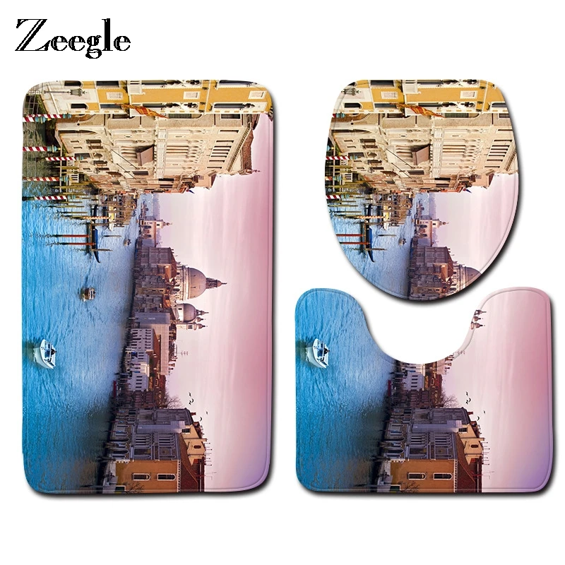 

Zeegle 3Pcs Bath Mats Venice Gondola Pattern Carpet Bathroom Mat Flannel Toilet Mat for Three Sets Of Bath Mat