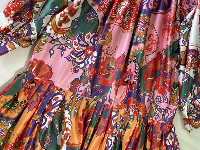 

Women's Runway Dresses Stand Collar Long Lantern Sleeves Floral Printed Ruffles Sash Belt Fashion Dress Vestidos