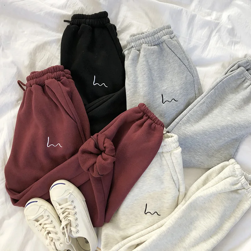 

2021 Mooirue Winter Women Harem Pants Stripes Embroidery Gray Black Fleece Pants Bottom sweatpants women