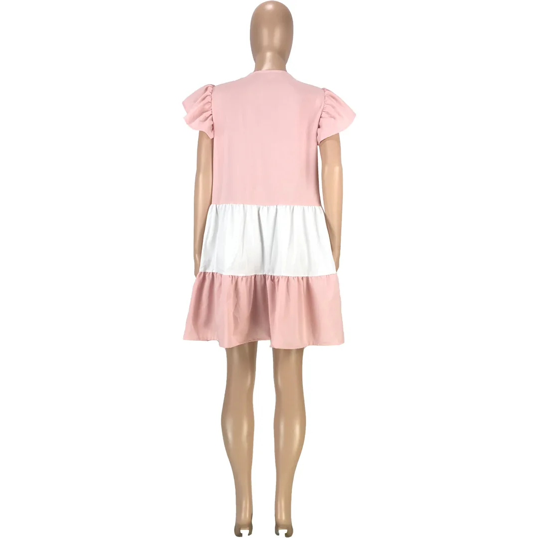 

Home Casual Style Women's Clothing Dress Fashion Sexy Color Matching Loose Ruffles Short Sleeve Round Neck Mid Waist Straight